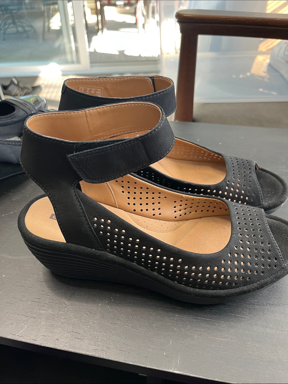 Clarks Black Perforated Ankle-Strap Wedge Sandals